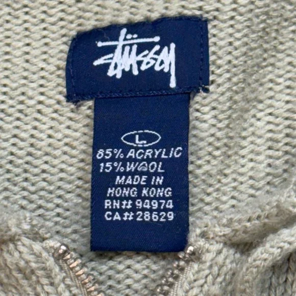 VTG Stussy Wool Blend Chunky Knit Full Zip Hoodie Sweater Mens L Baggy Y2K Skate - Picture 3 of 11
